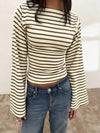 Striped Contrast Rib Knit Long Sleeve T-Shirt